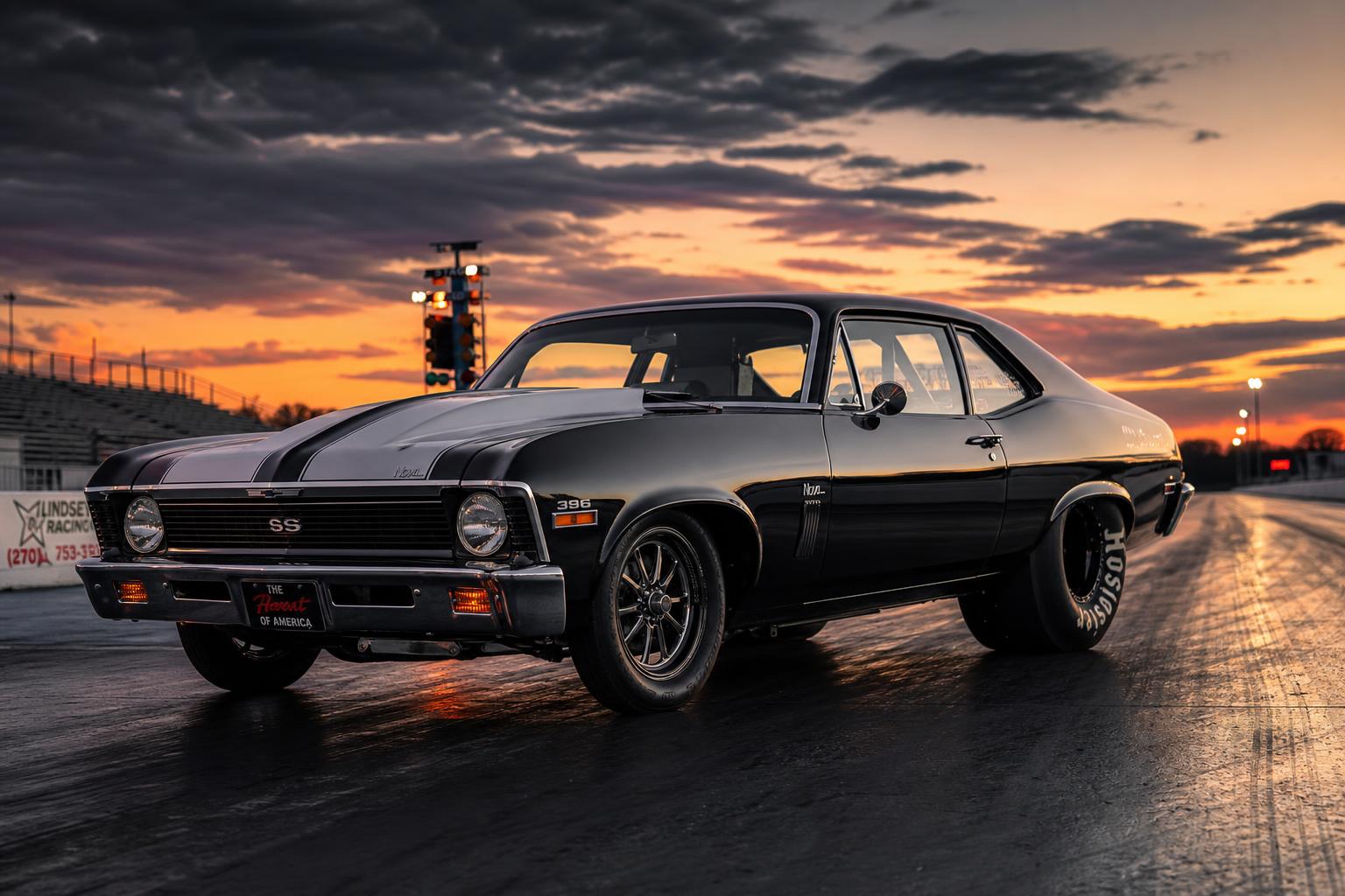 1969 Chevrolet Nova drag car, black with racing stripes, built for the strip