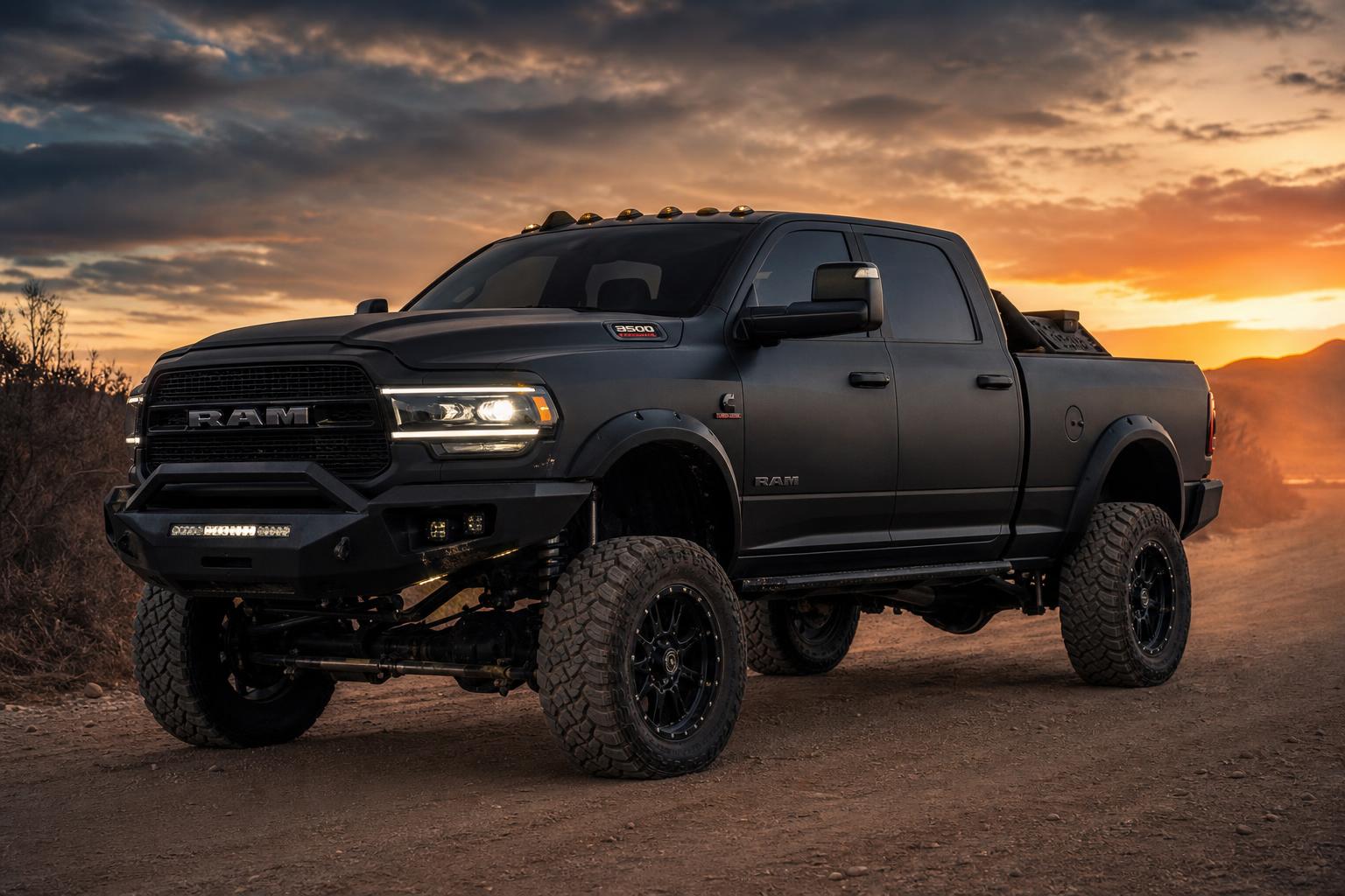 Dark Ram 3500 Cummins diesel pickup truck, tough and imposing, parked on a dusty road at dusk