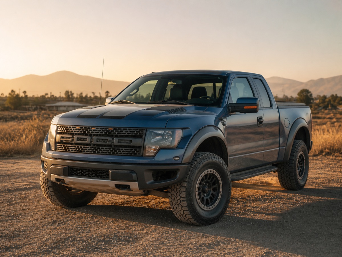 Blue-gray first generation Raptor-style off-road truck in a dusty open lot at golden hour